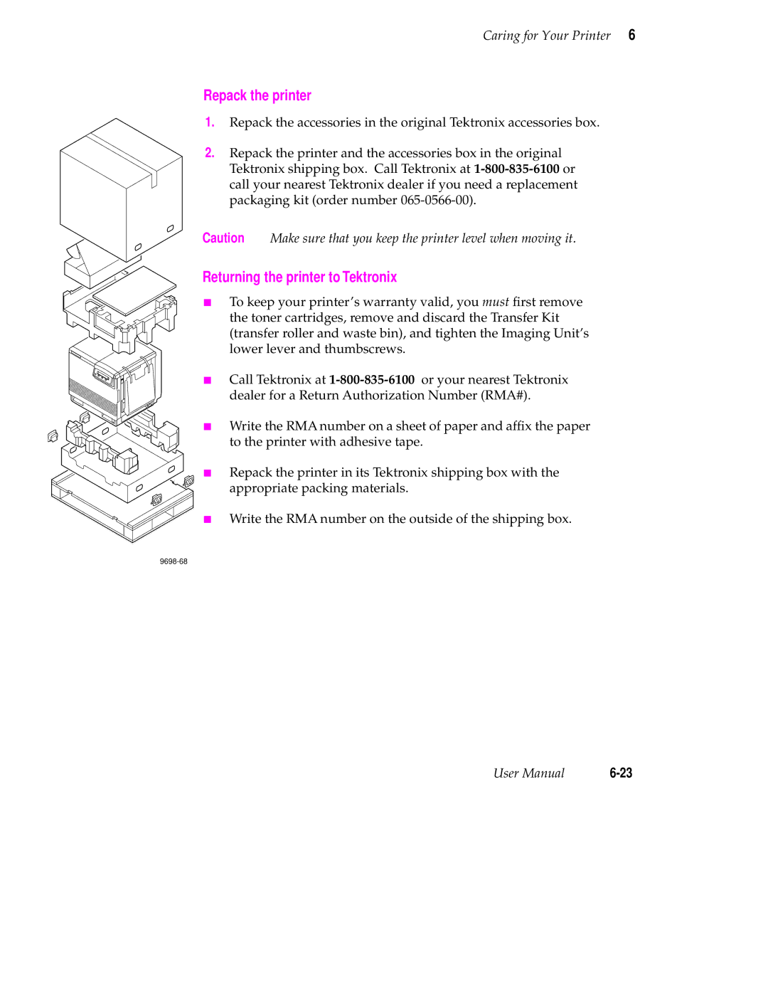 Tektronix 560 user manual Repack the printer, Returning the printer to Tektronix 