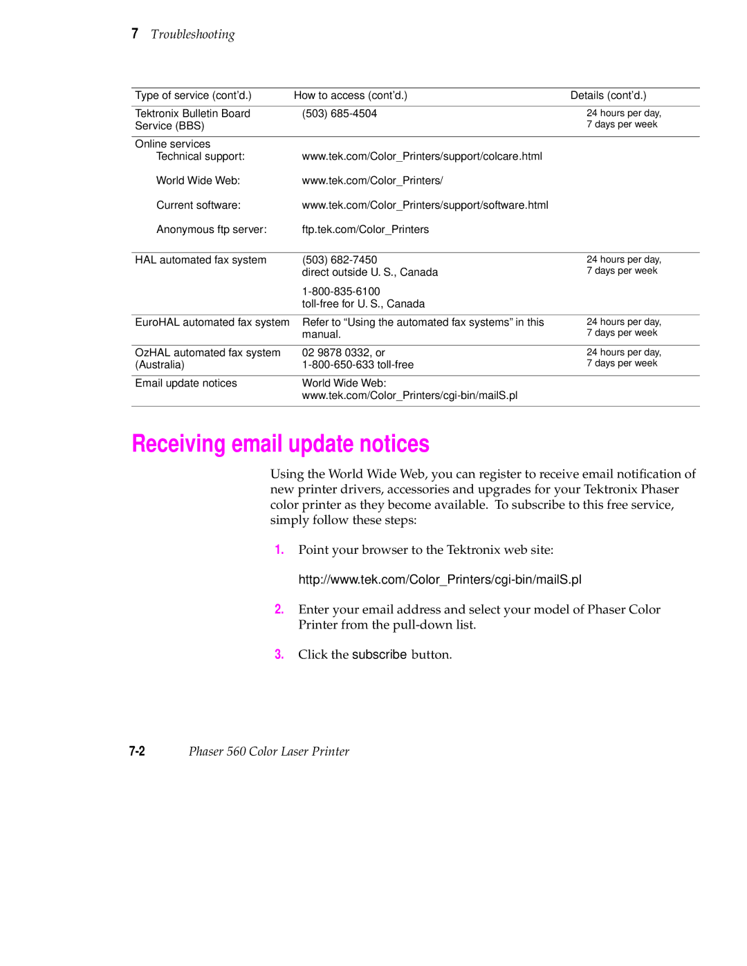 Tektronix 560 user manual Receiving email update notices, Type of service contd How to access contd Details contd 