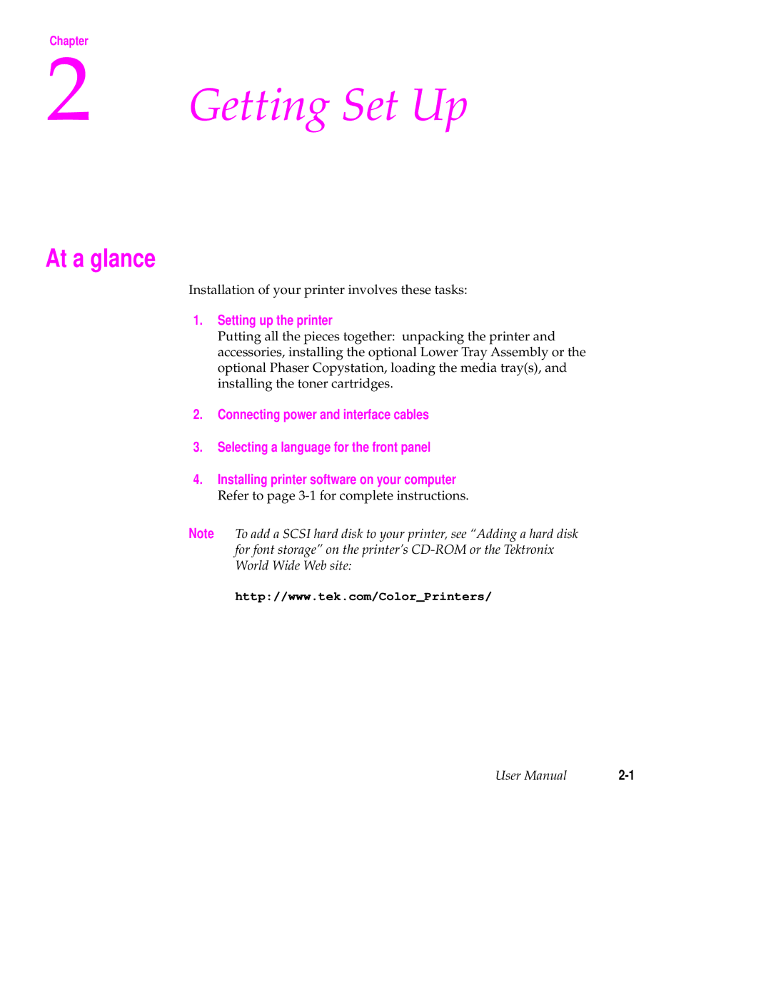 Tektronix 560 user manual At a glance, Setting up the printer 