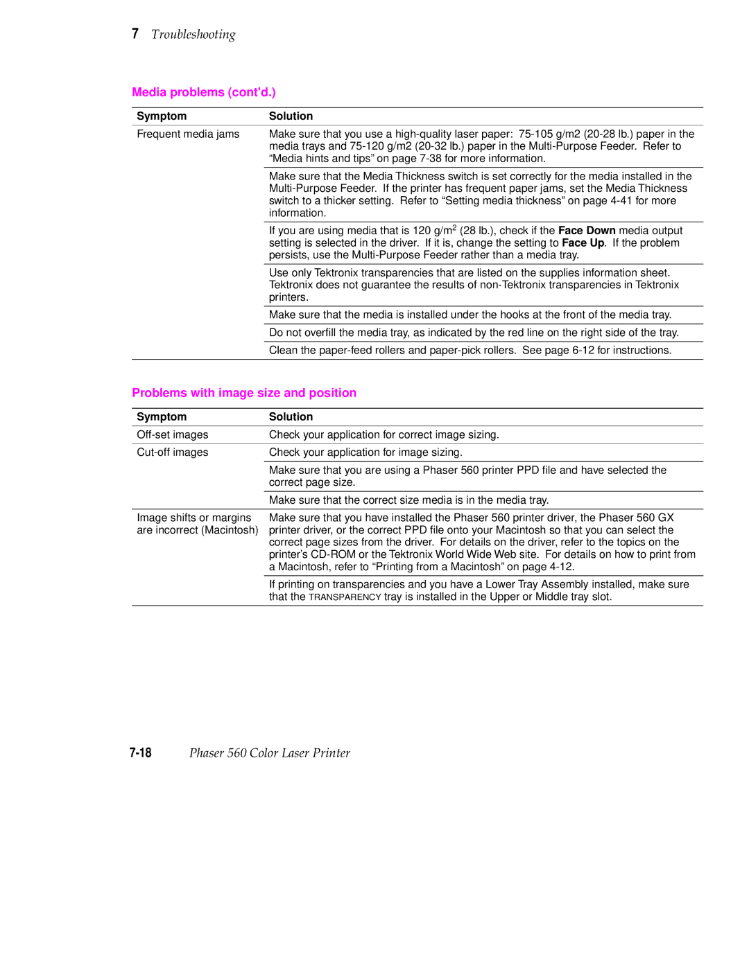 Tektronix 560 user manual Media problems contd, Problems with image size and position 