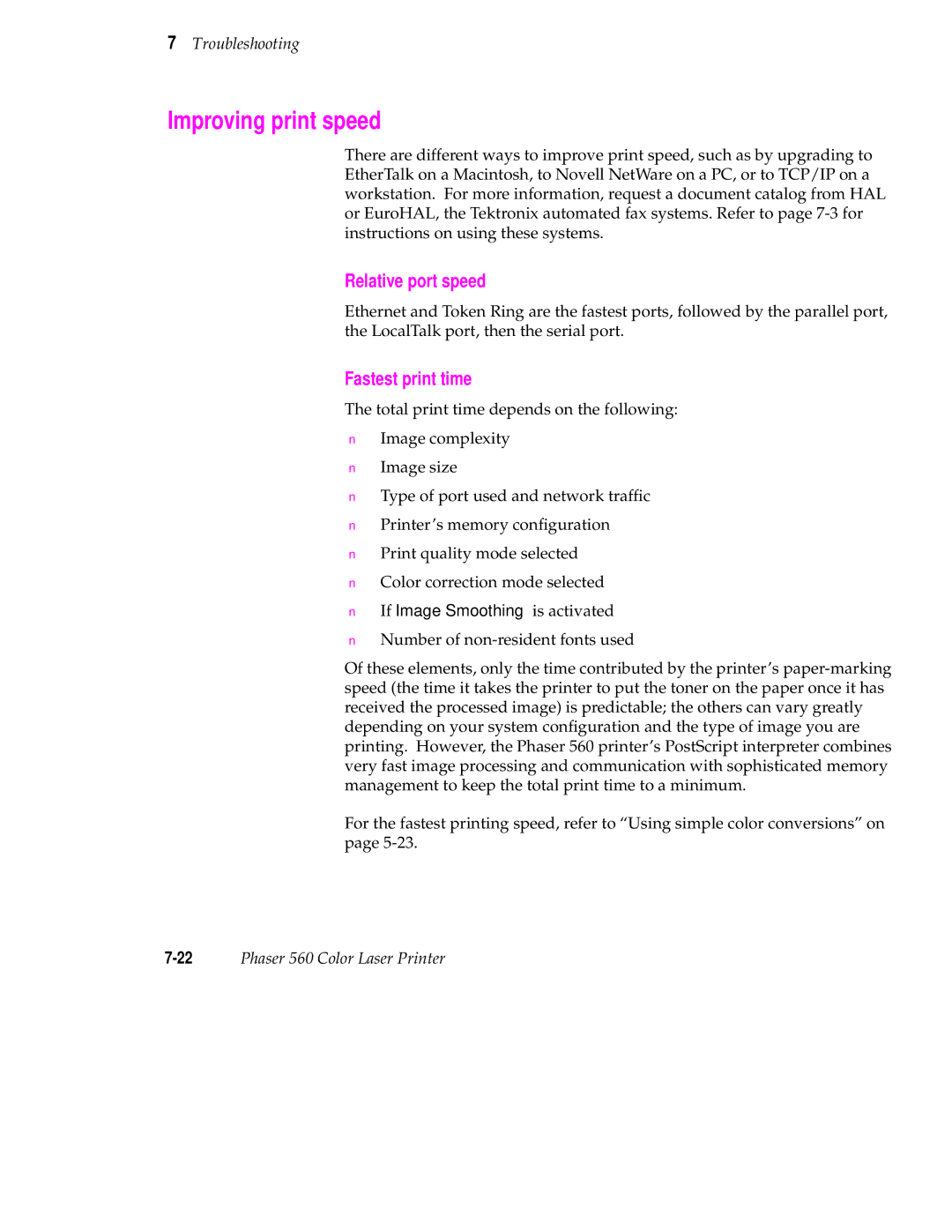 Tektronix 560 user manual Improving print speed, Relative port speed, Fastest print time, If Image Smoothing is activated 