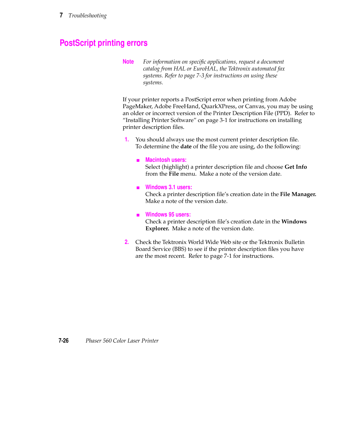 Tektronix 560 user manual PostScript printing errors, Macintosh users 