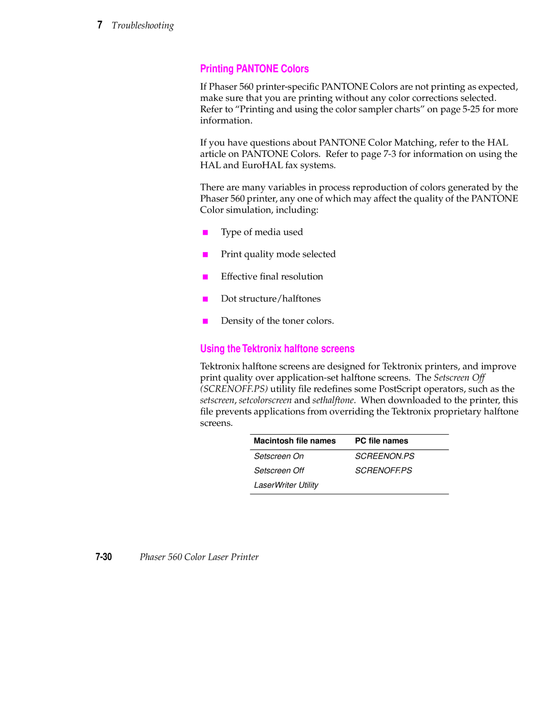 Tektronix 560 user manual Printing Pantone Colors, Using the Tektronix halftone screens 