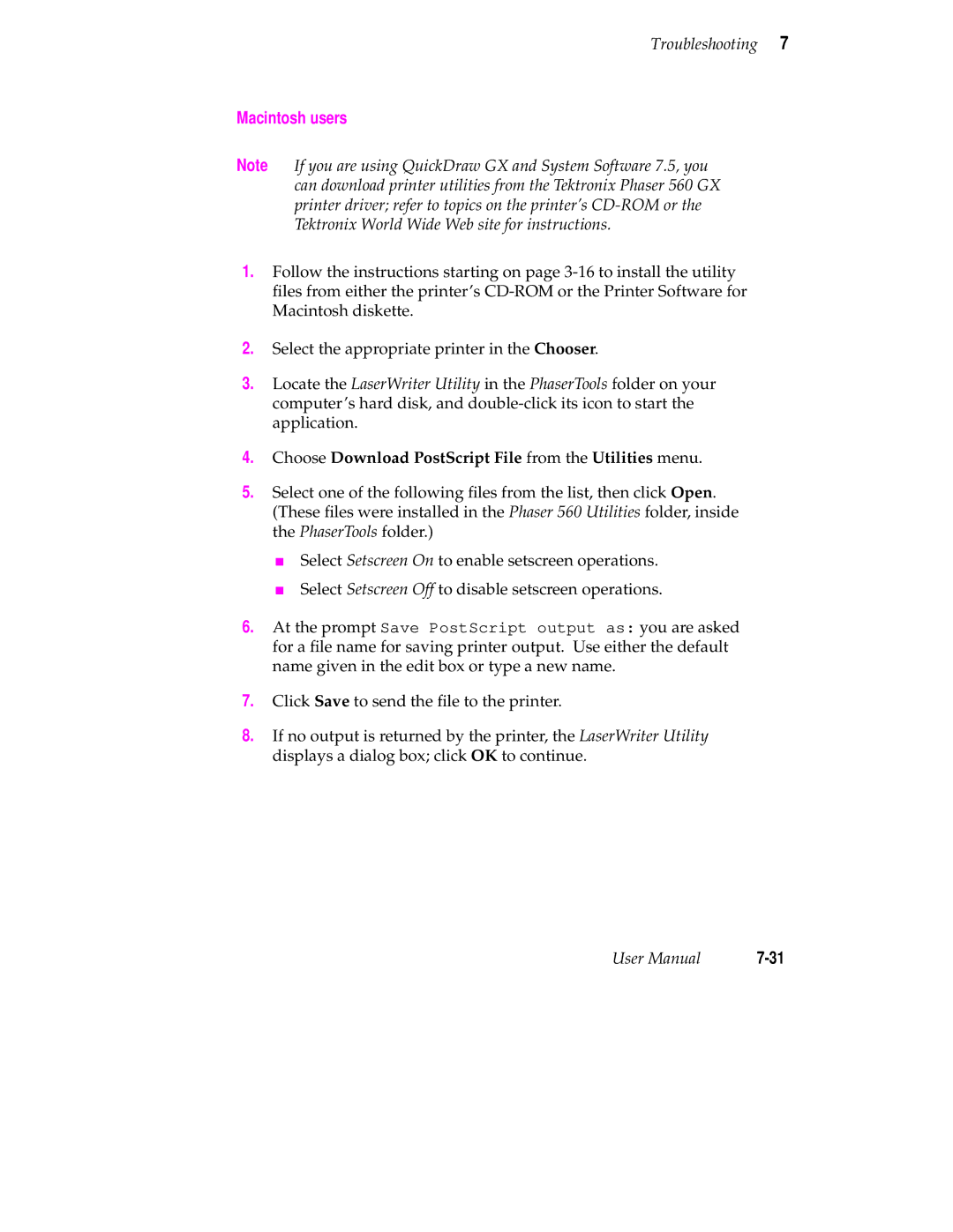 Tektronix 560 user manual Macintosh users, Choose Download PostScript File from the Utilities menu 