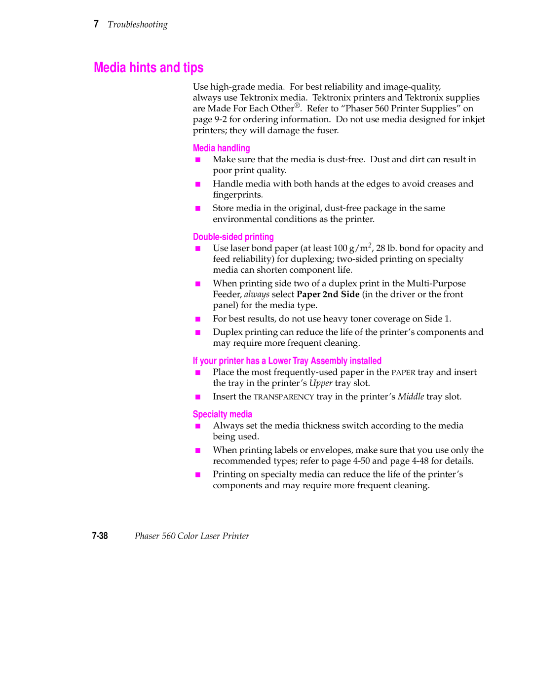 Tektronix 560 user manual Media hints and tips, Media handling, Double-sided printing 