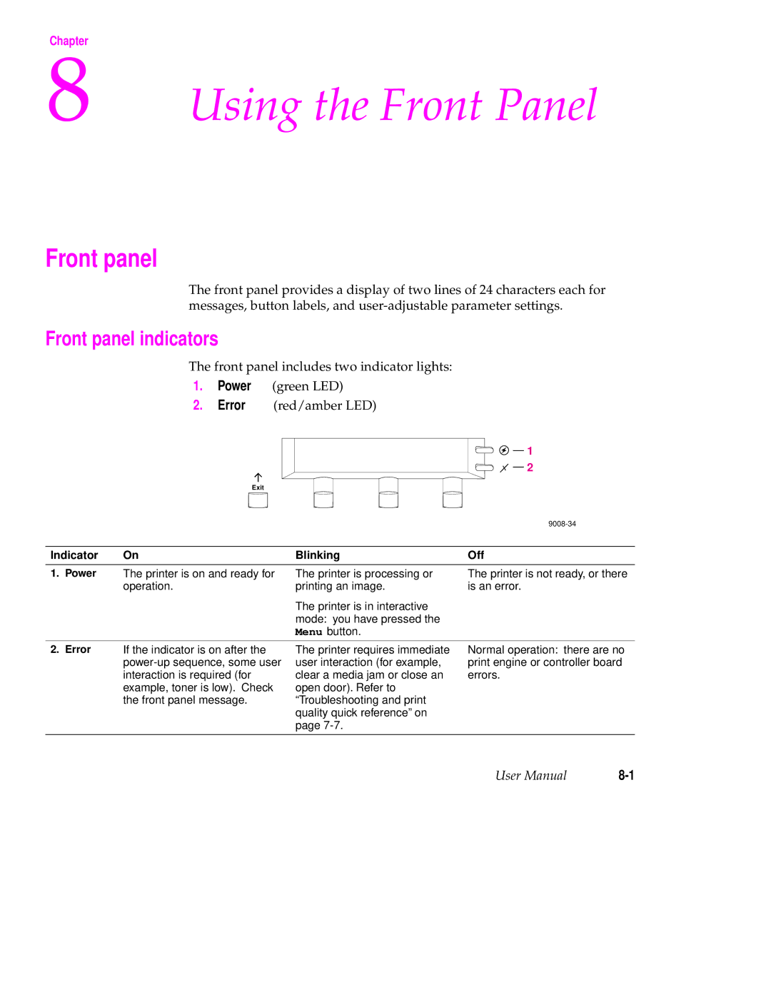 Tektronix 560 user manual Front panel indicators, Indicator Blinking Off 