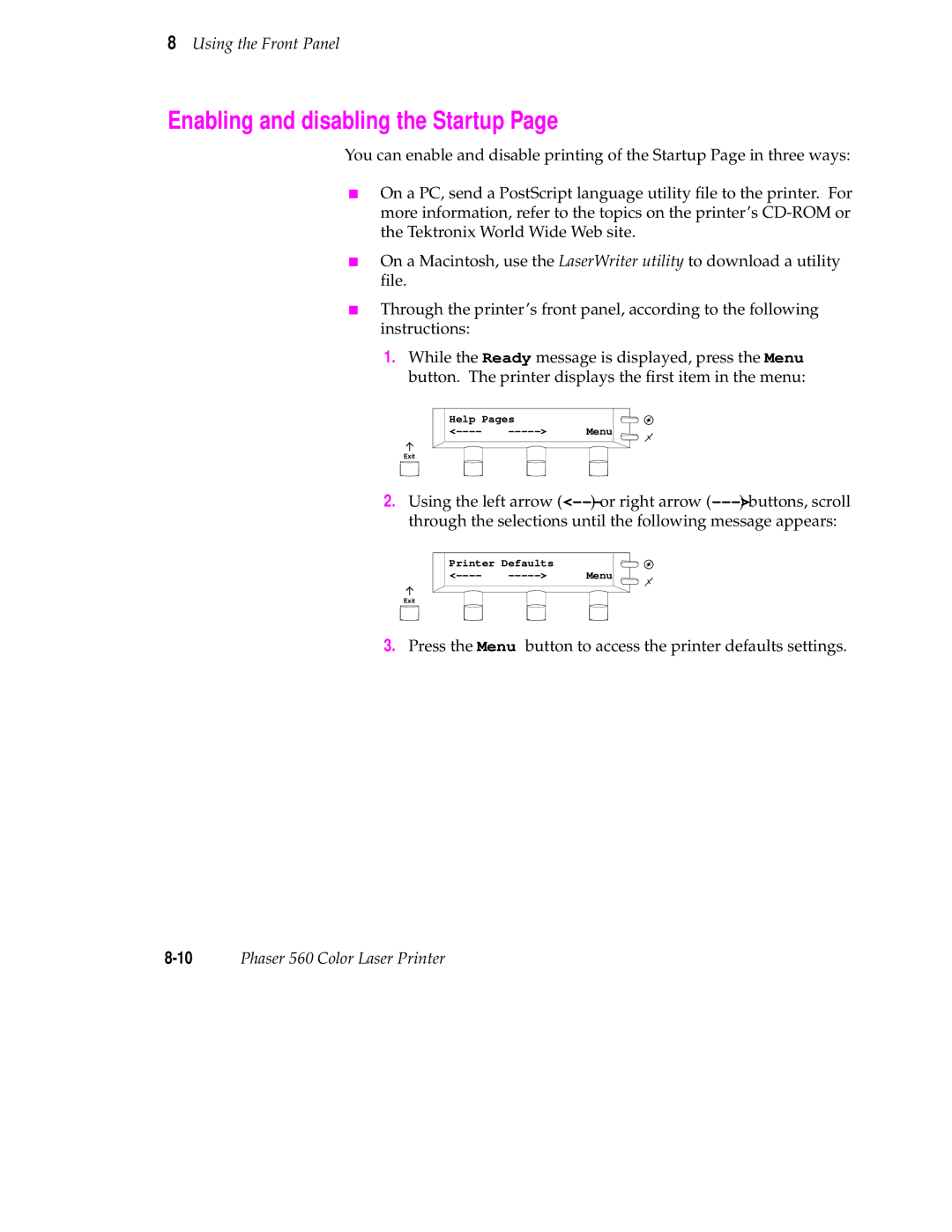 Tektronix 560 user manual Enabling and disabling the Startup 