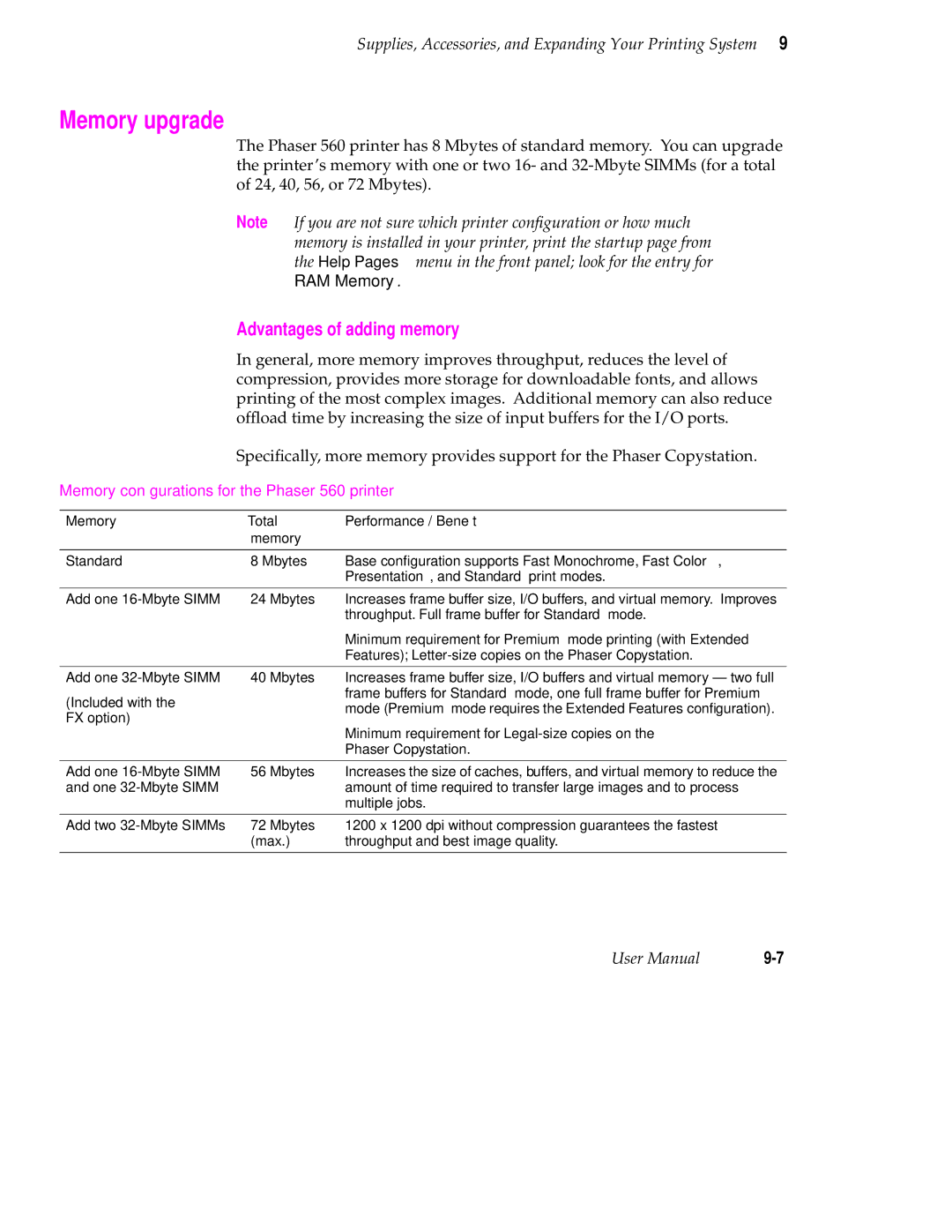 Tektronix user manual Memory upgrade, Advantages of adding memory, Memory conﬁgurations for the Phaser 560 printer 