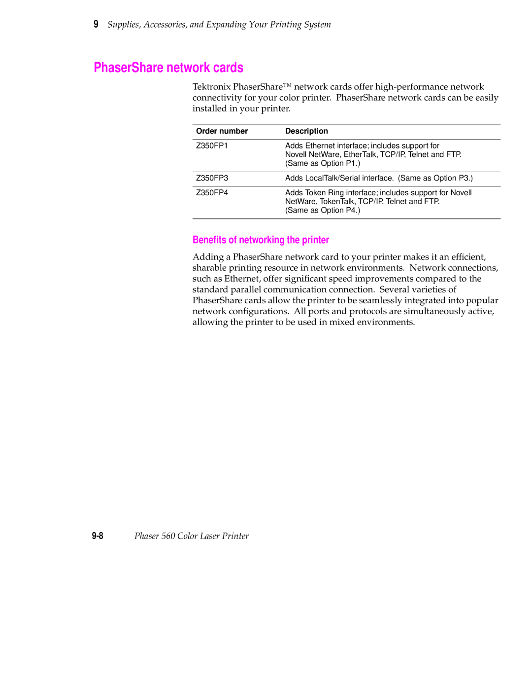 Tektronix 560 user manual PhaserShare network cards, Beneﬁts of networking the printer, Order number Description 