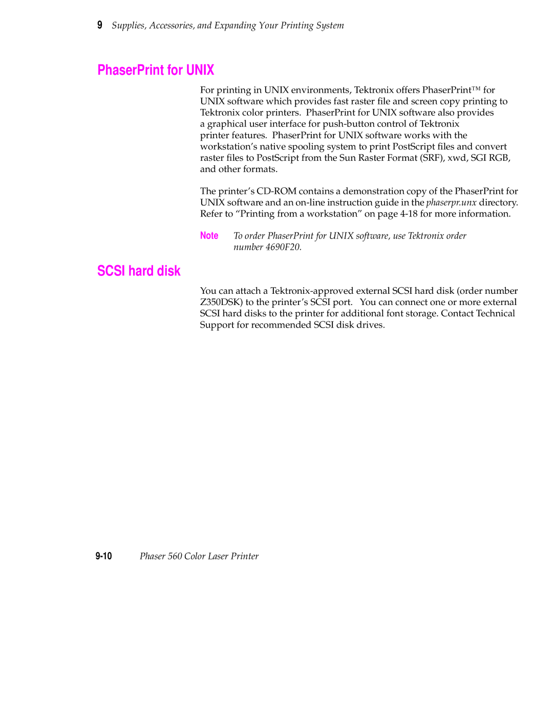 Tektronix 560 user manual PhaserPrint for Unix, Scsi hard disk 