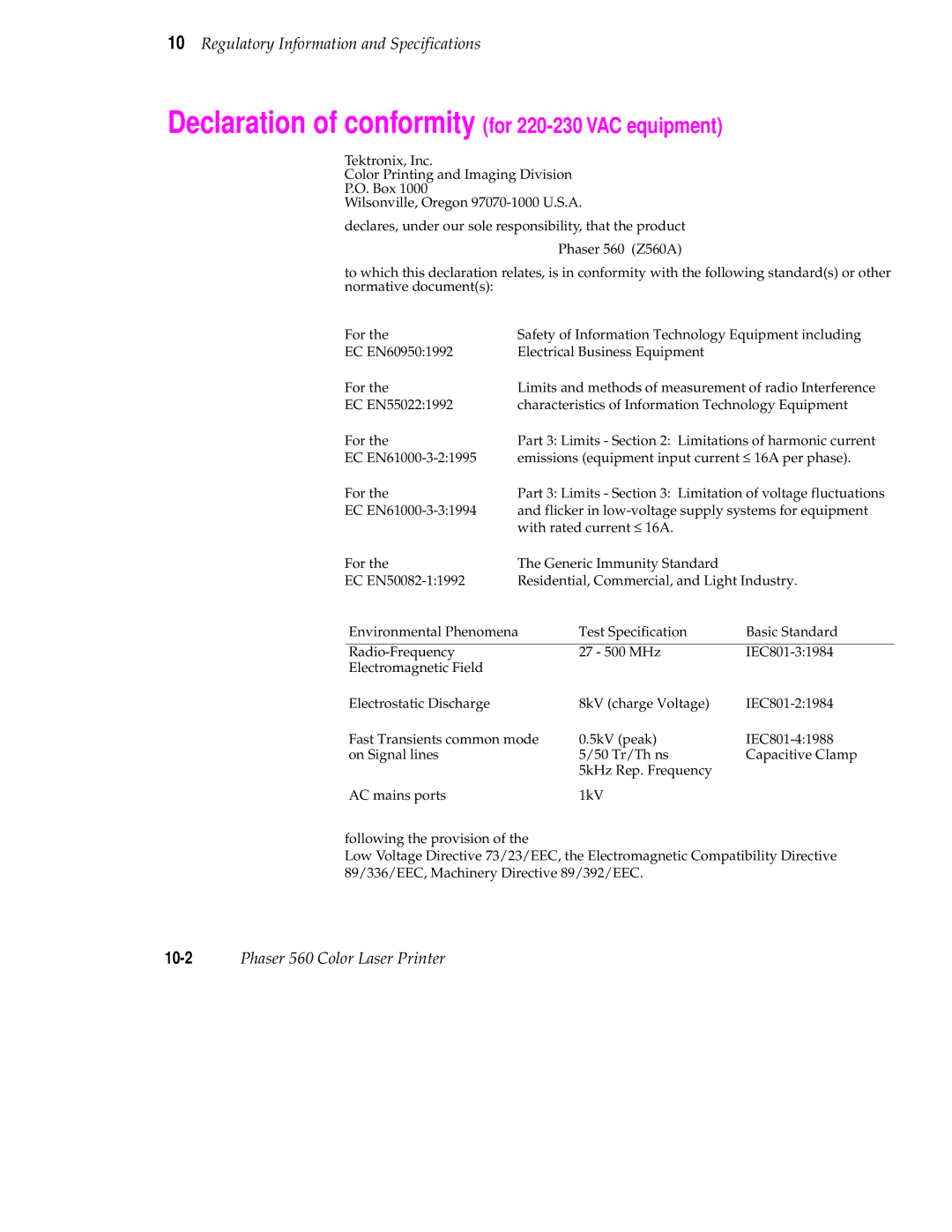 Tektronix 560 user manual Declaration of conformity for 220-230 VAC equipment 