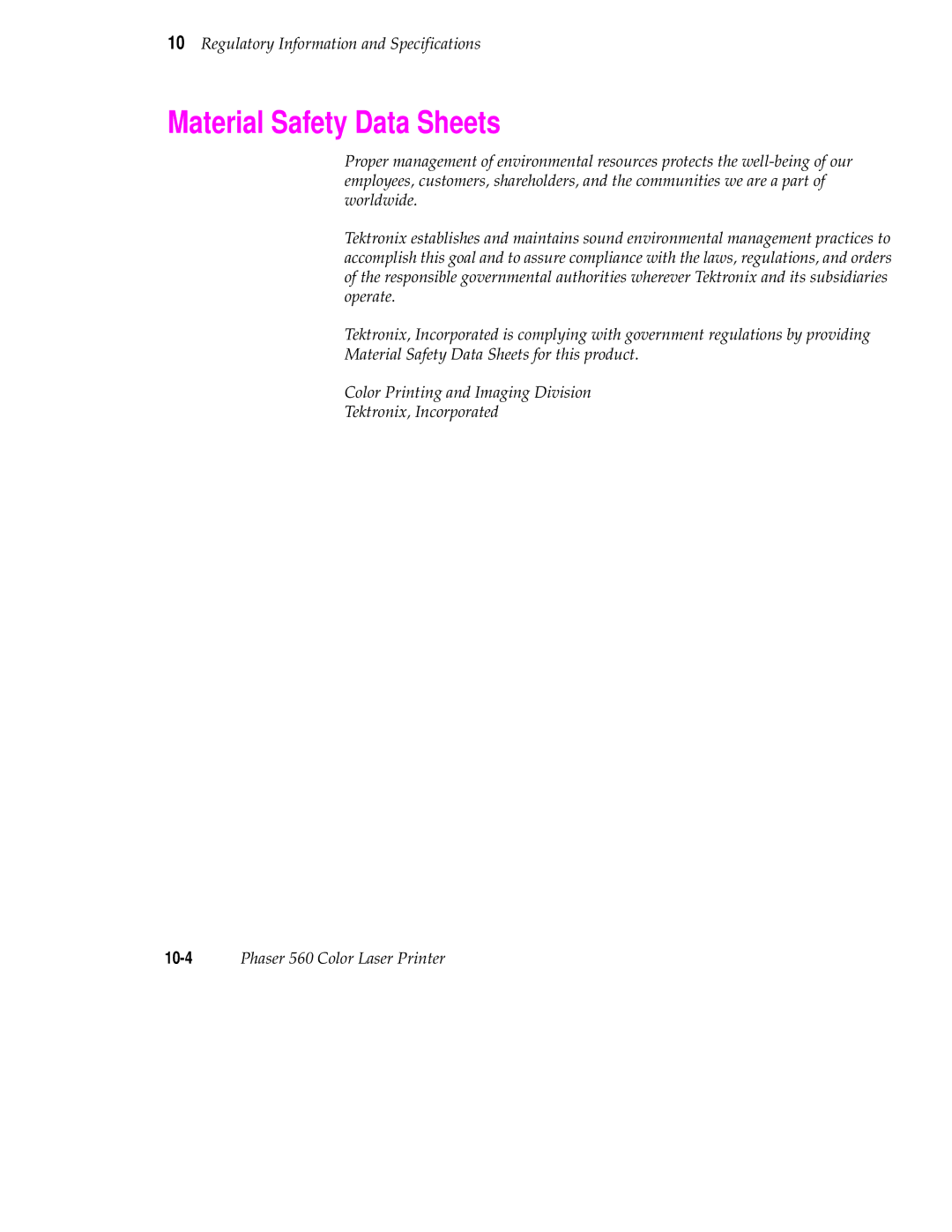 Tektronix 560 user manual Material Safety Data Sheets 