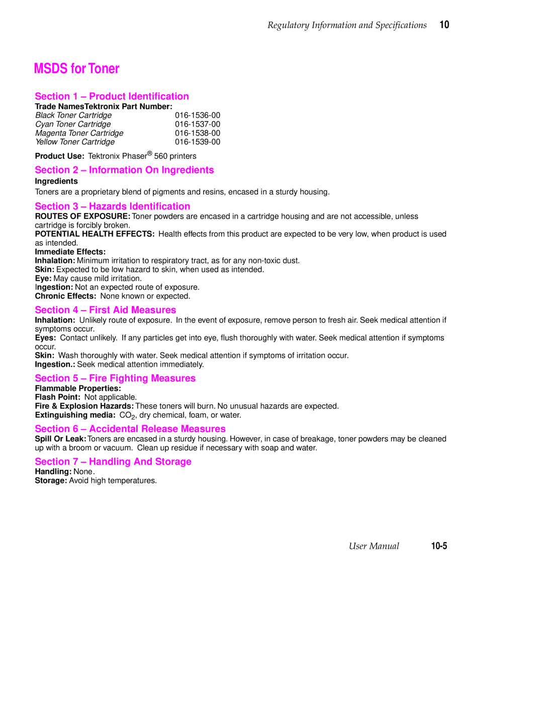 Tektronix 560 user manual Msds for Toner 