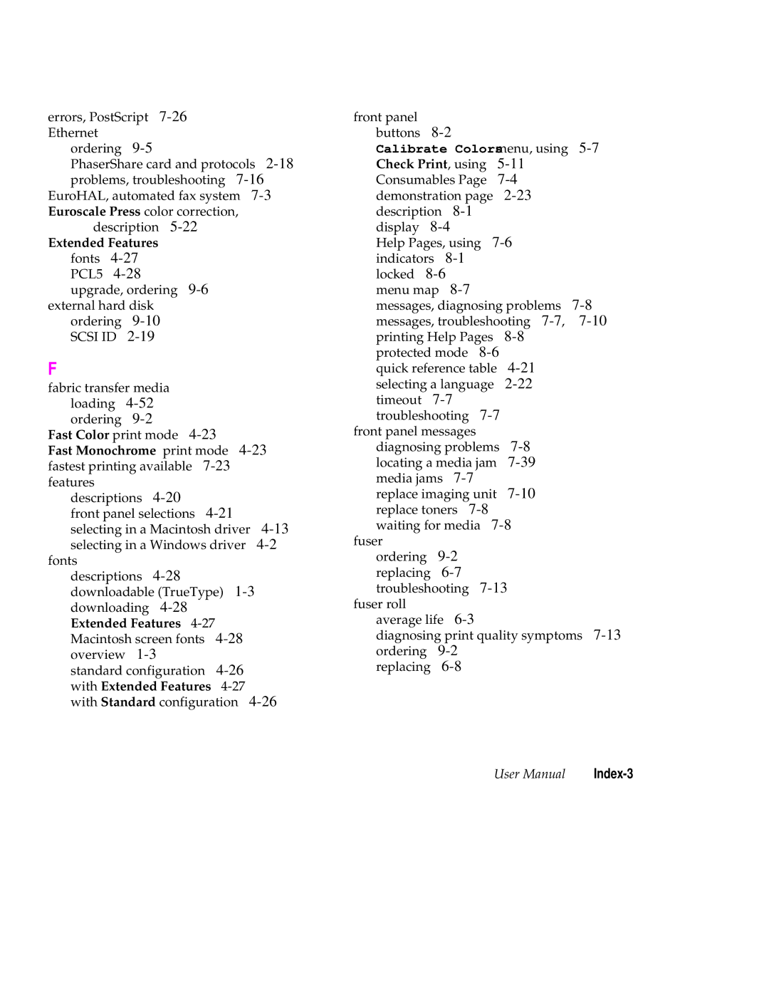 Tektronix 560 user manual Fast Color print mode Fast Monochrome print mode, With Extended Features, Index-3 