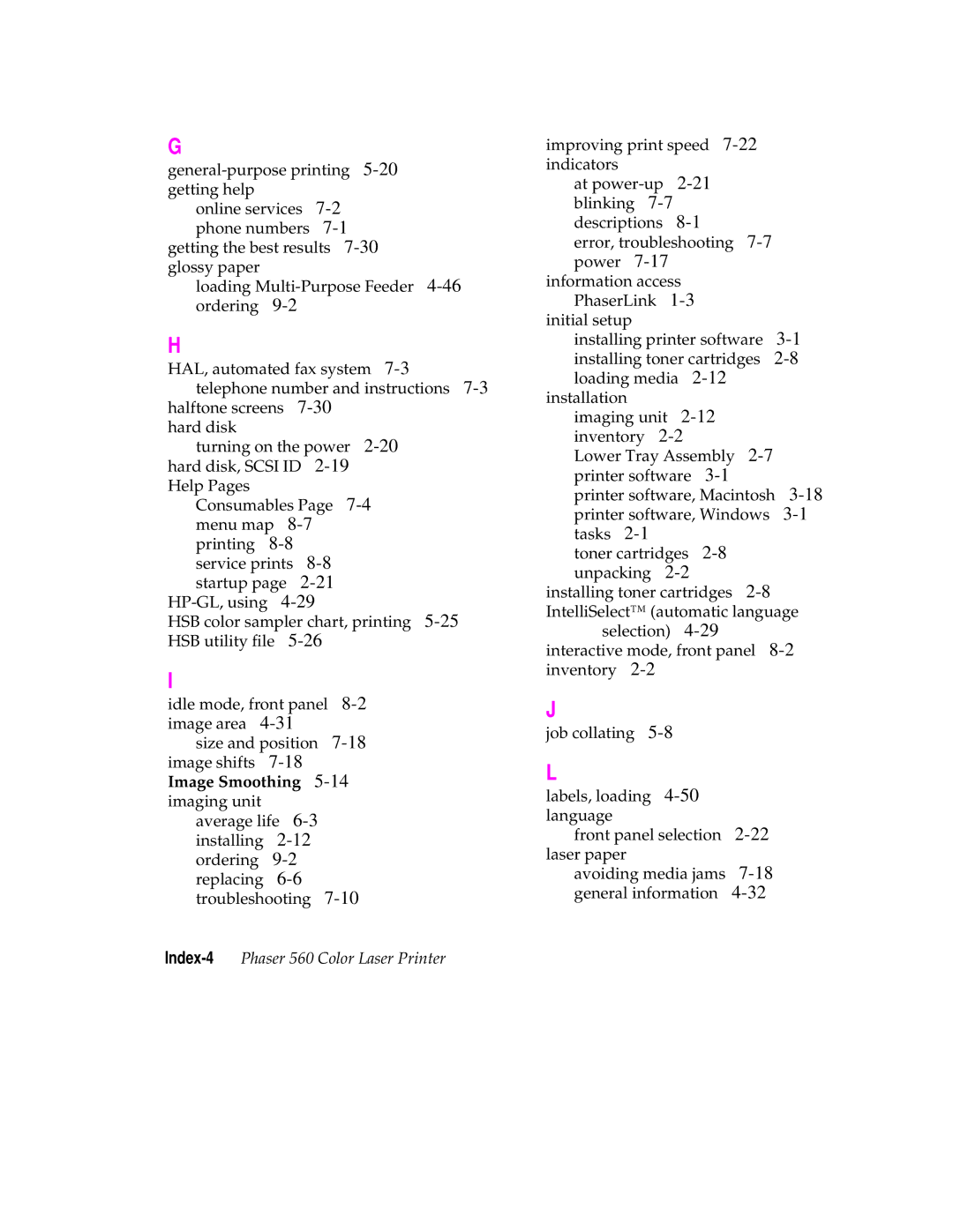 Tektronix user manual Index-4Phaser 560 Color Laser Printer 