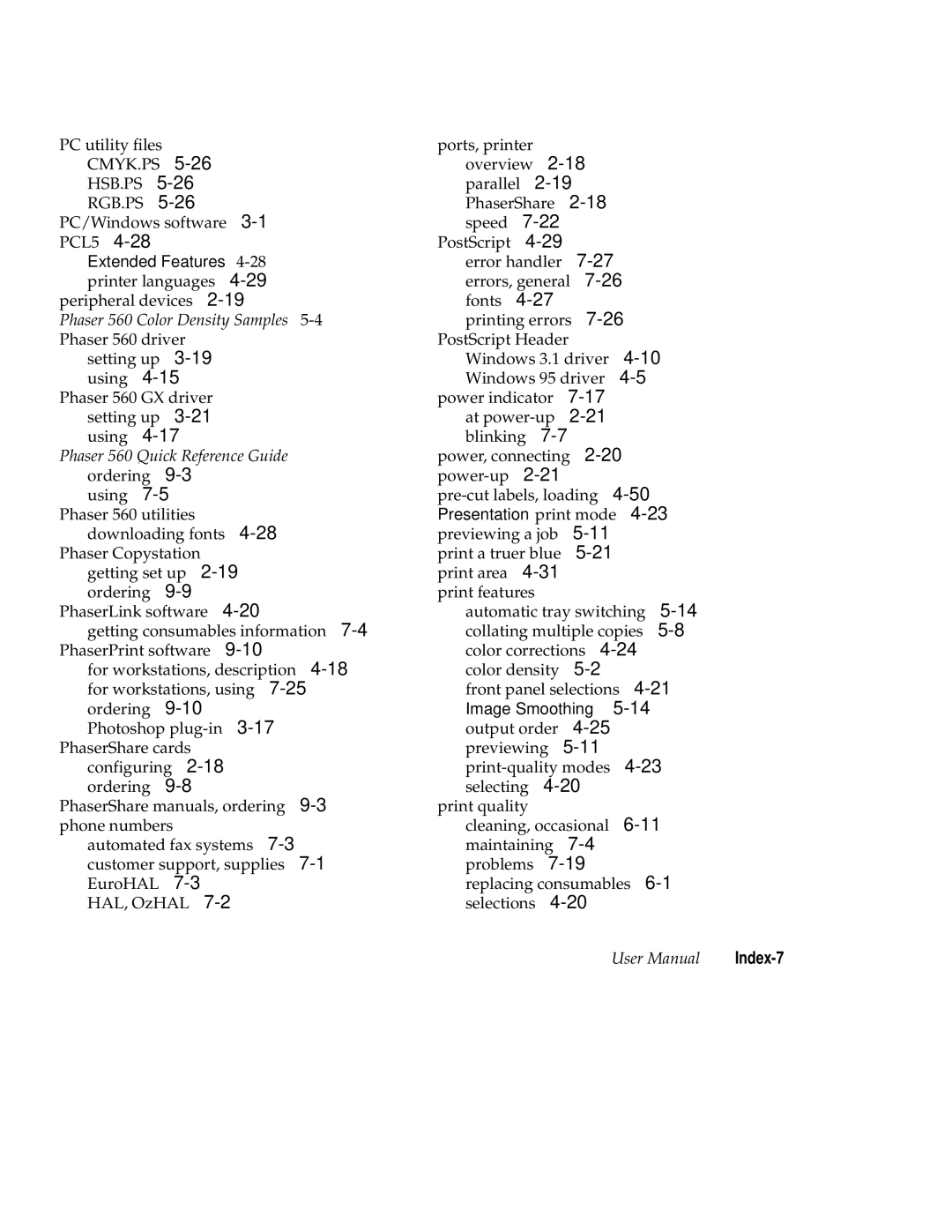 Tektronix 560 user manual Extended Features 4-28 printer languages, Presentation print mode, Image Smoothing, Index-7 