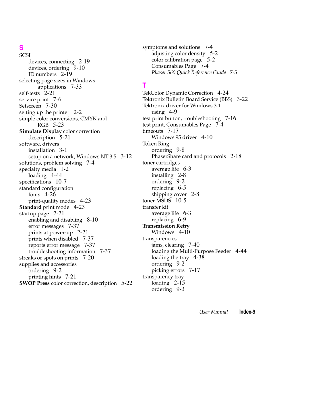 Tektronix 560 user manual Simulate Display color correction, Index-9 