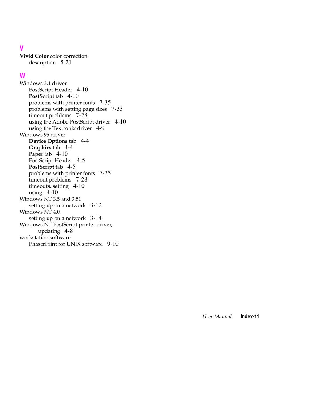 Tektronix 560 user manual PostScript tab, Device Options tab Graphics tab Paper tab, Index-11 