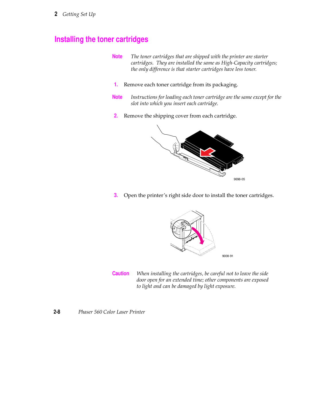 Tektronix 560 user manual Installing the toner cartridges 