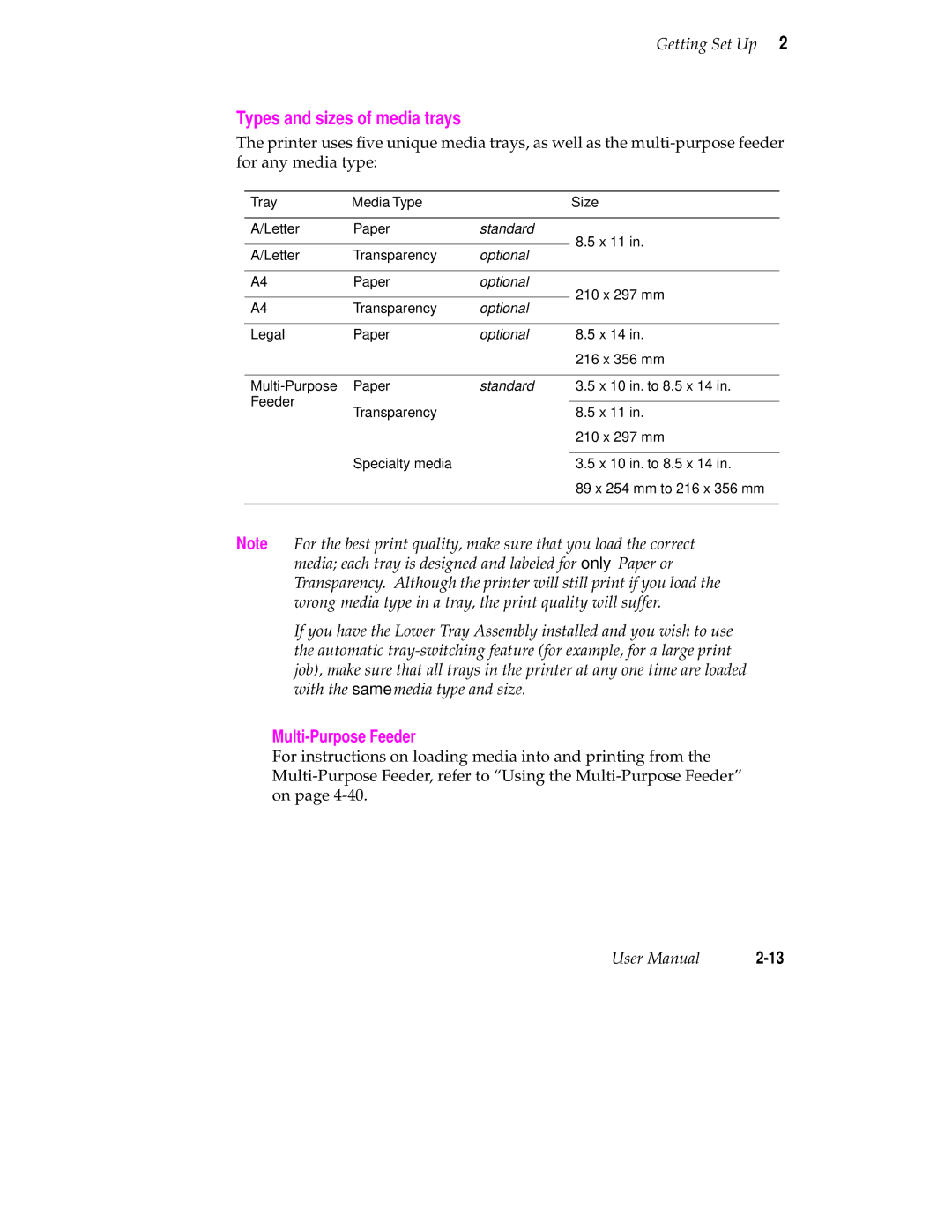 Tektronix 560 user manual Types and sizes of media trays, Multi-Purpose Feeder, Tray Media Type Size 