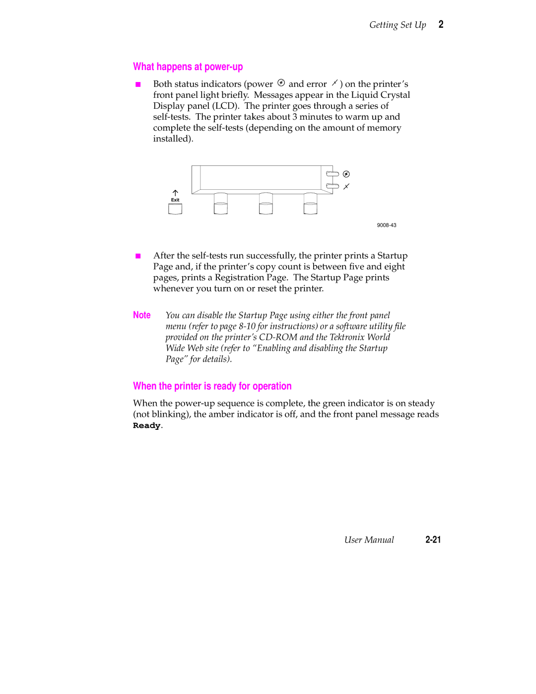 Tektronix 560 user manual What happens at power-up, When the printer is ready for operation 