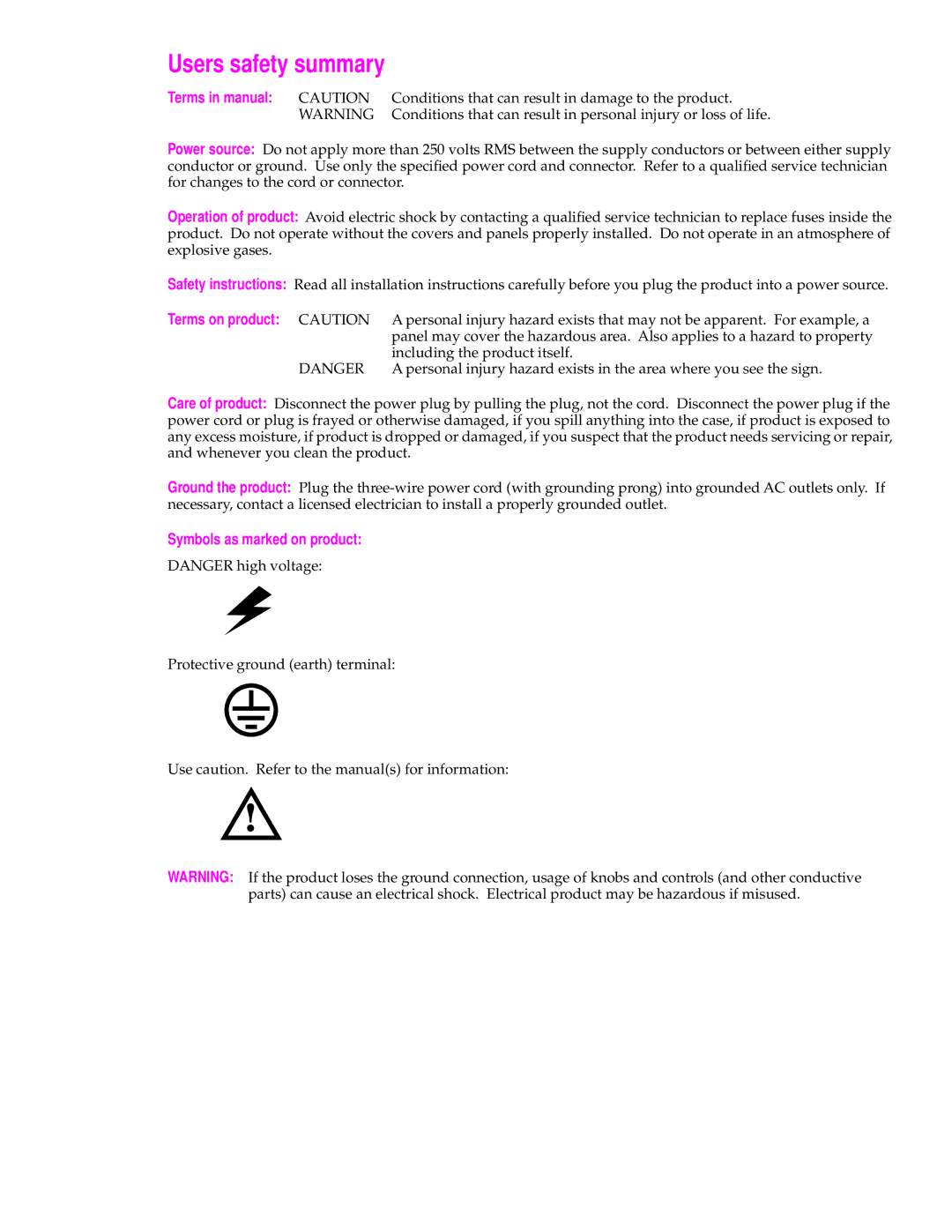 Tektronix 560 Users safety summary, Terms in manual Caution, Terms on product Caution, Symbols as marked on product 