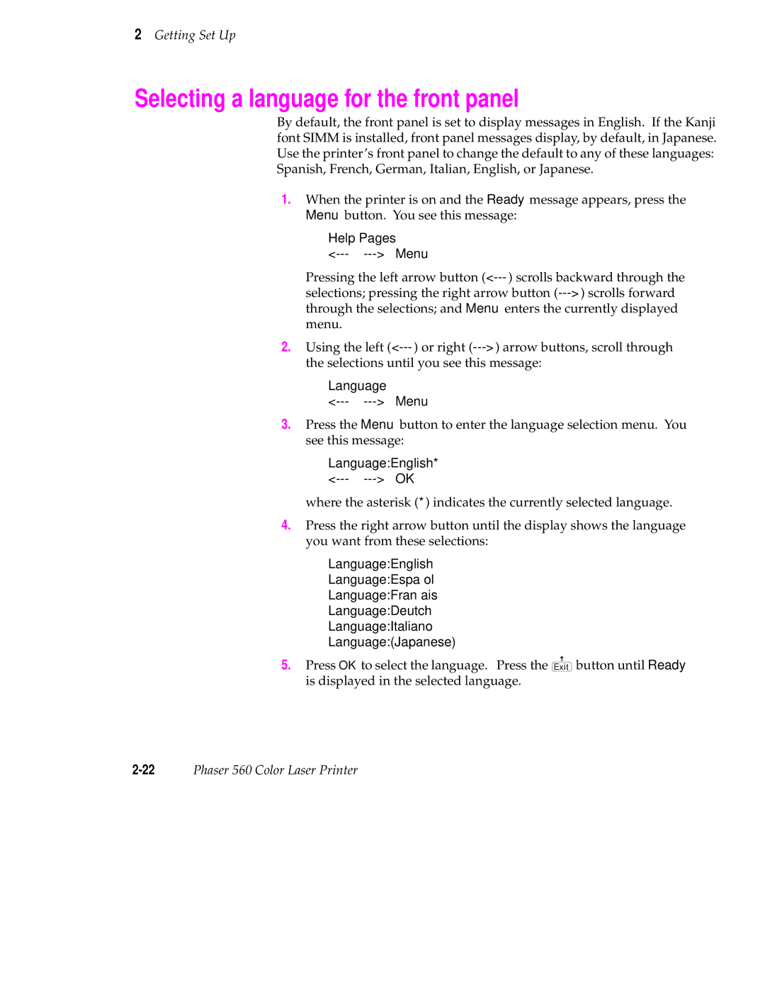 Tektronix 560 user manual Selecting a language for the front panel 