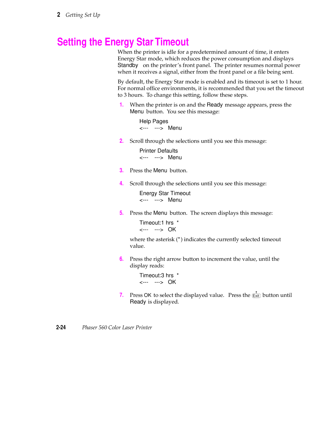 Tektronix 560 user manual Setting the Energy Star Timeout 