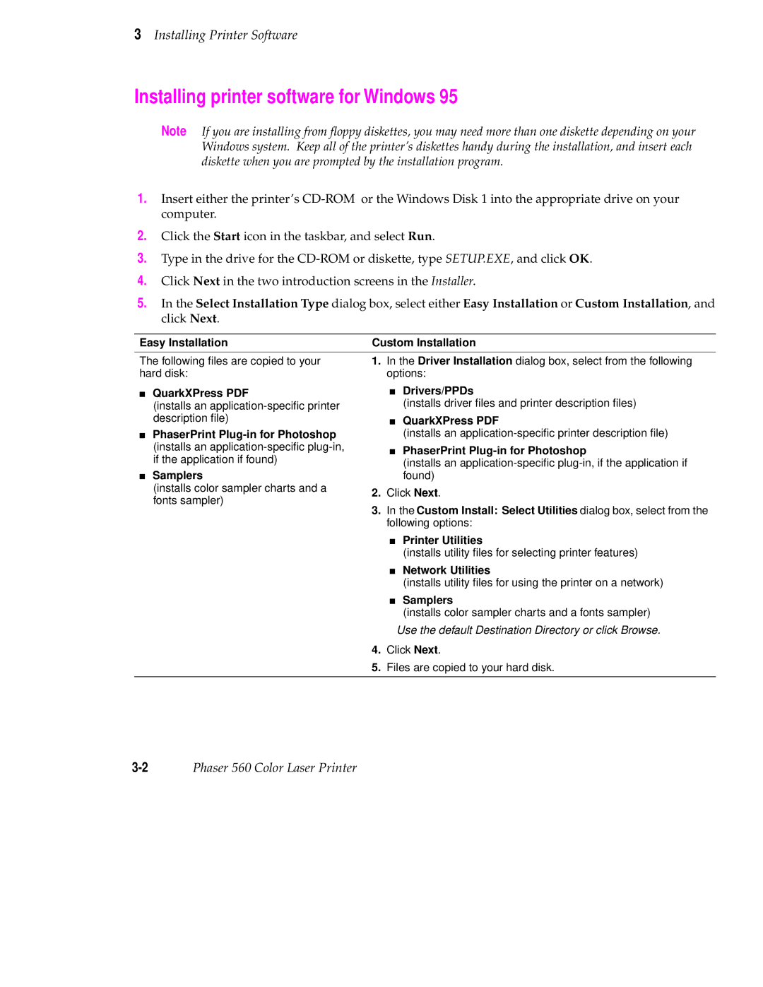 Tektronix 560 user manual Installing printer software for Windows, Easy Installation Custom Installation, Drivers/PPDs 