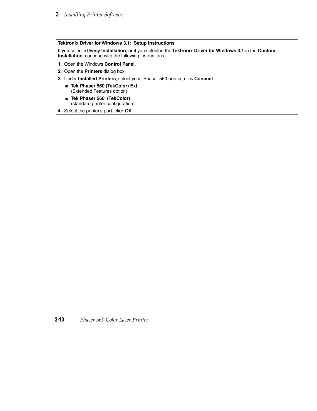 Tektronix 560 user manual Select the printer’s port, click OK 