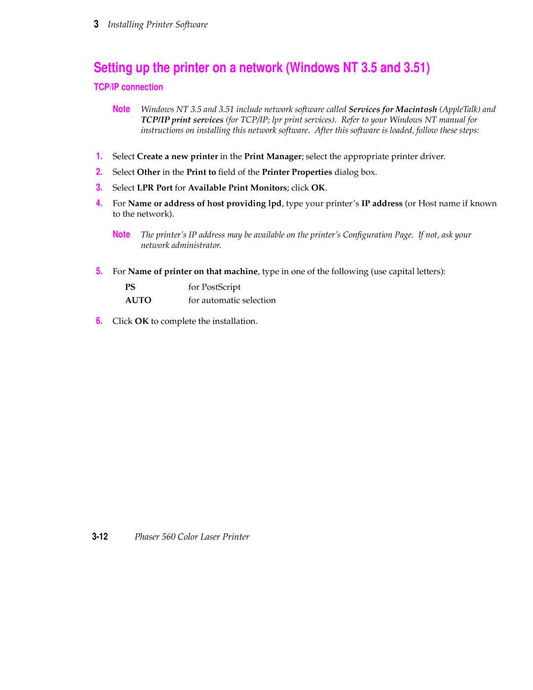 Tektronix 560 user manual Setting up the printer on a network Windows NT 3.5, TCP/IP connection 