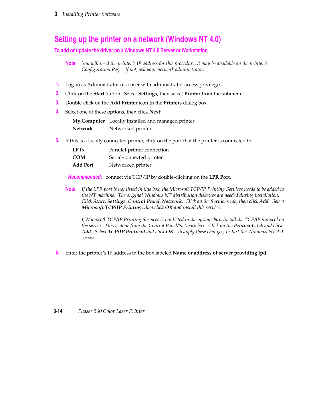 Tektronix 560 user manual Setting up the printer on a network Windows NT, Com 