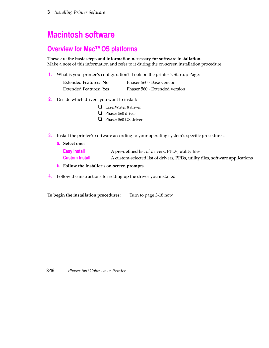 Tektronix 560 user manual Macintosh software, Overview for MacOS platforms, Easy Install, Custom Install 