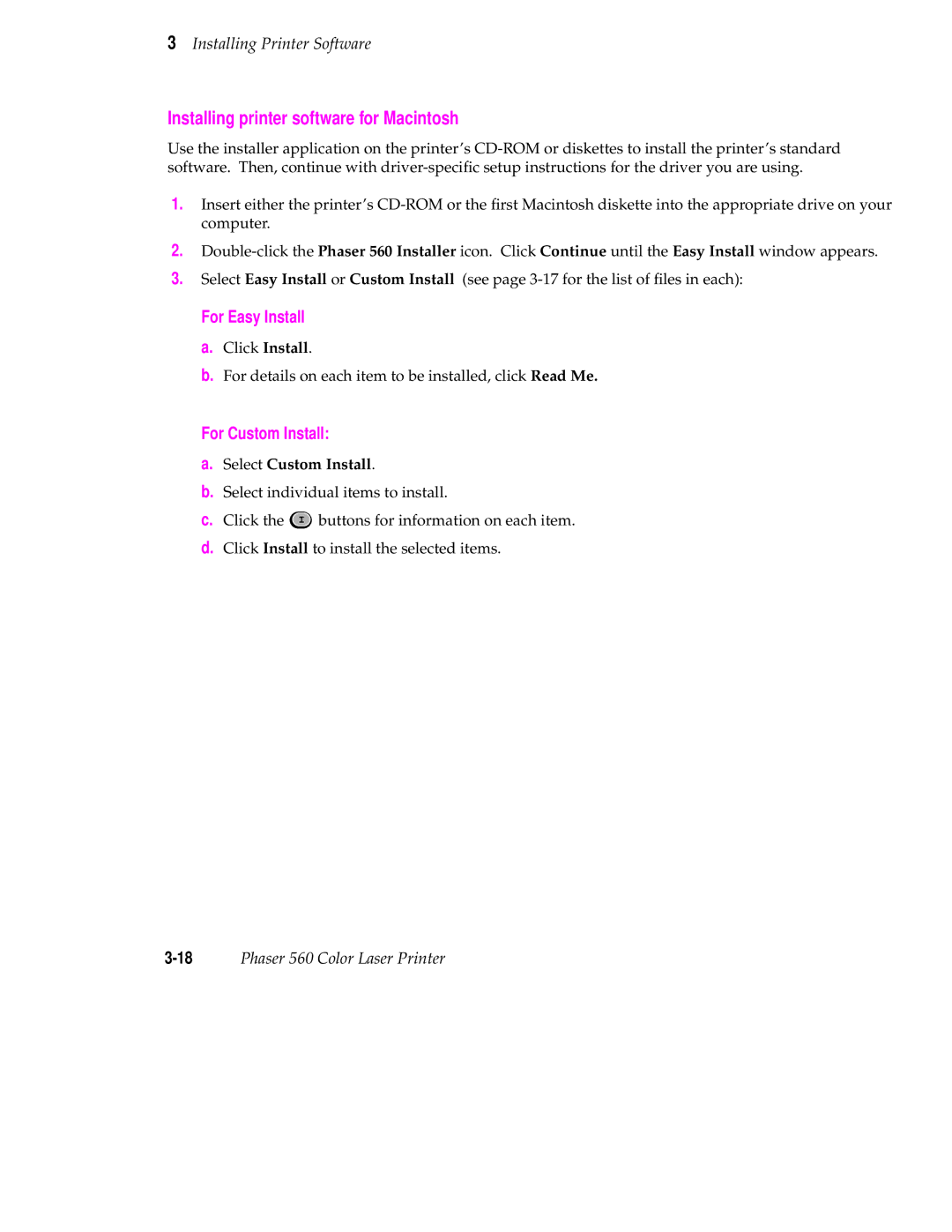 Tektronix 560 user manual Installing printer software for Macintosh, For Easy Install, For Custom Install 