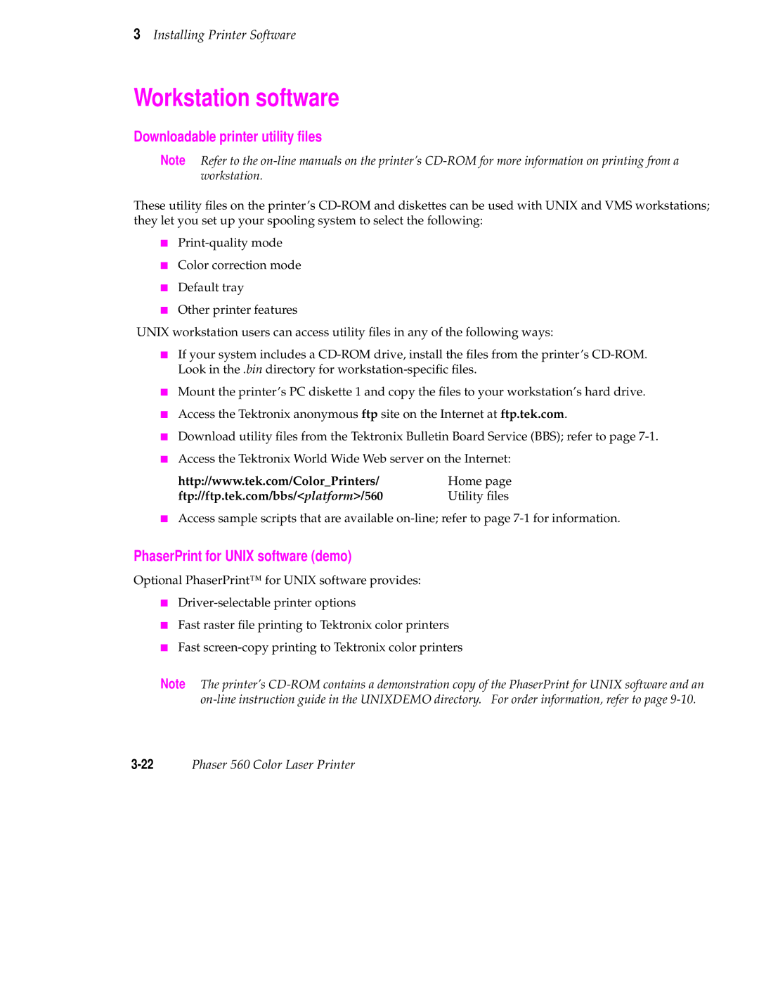 Tektronix 560 user manual Workstation software, Downloadable printer utility ﬁles, PhaserPrint for Unix software demo 