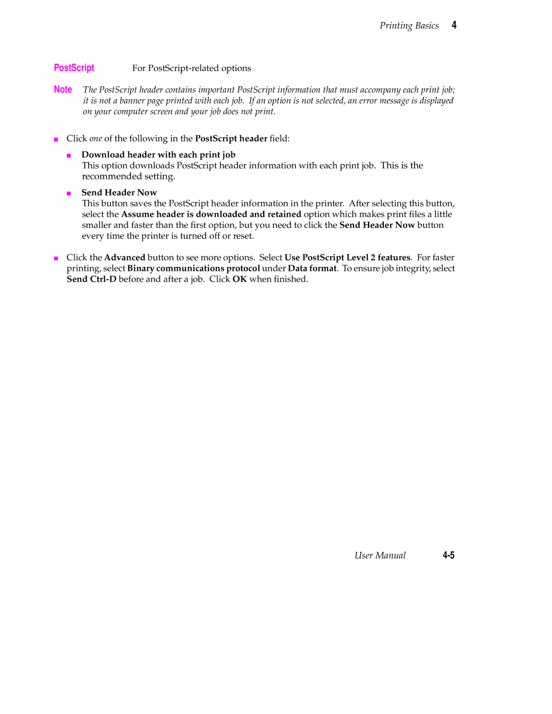 Tektronix 560 user manual PostScript, Download header with each print job 