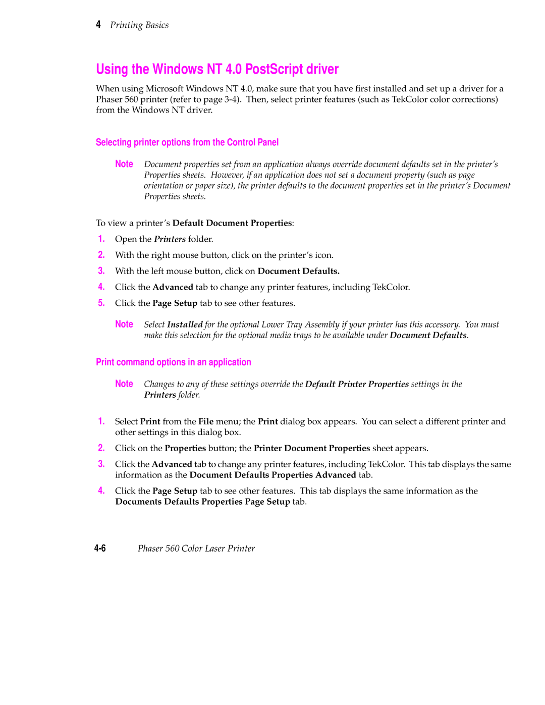 Tektronix 560 user manual Using the Windows NT 4.0 PostScript driver, Selecting printer options from the Control Panel 