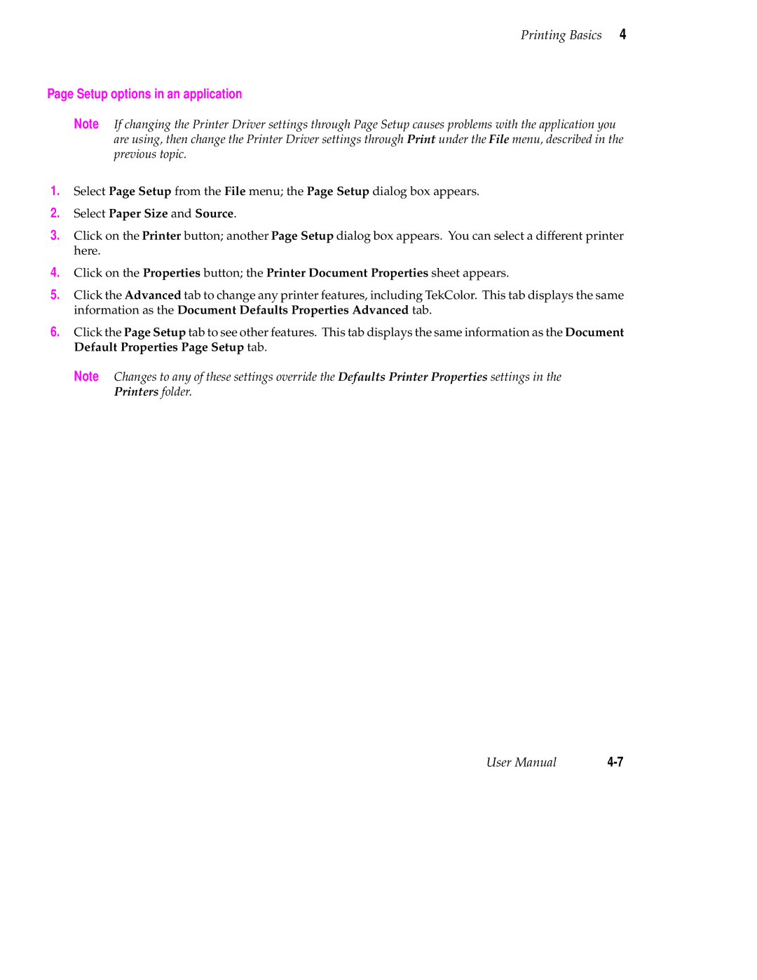 Tektronix 560 user manual Setup options in an application, Select Paper Size and Source 