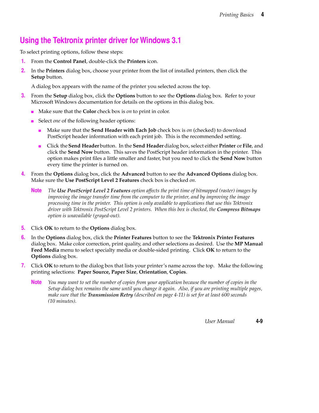 Tektronix 560 user manual Using the Tektronix printer driver for Windows 