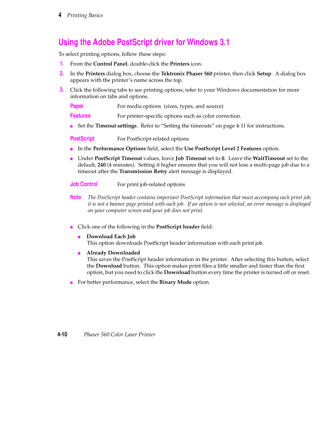 Tektronix 560 user manual Using the Adobe PostScript driver for Windows, Features, Job Control 