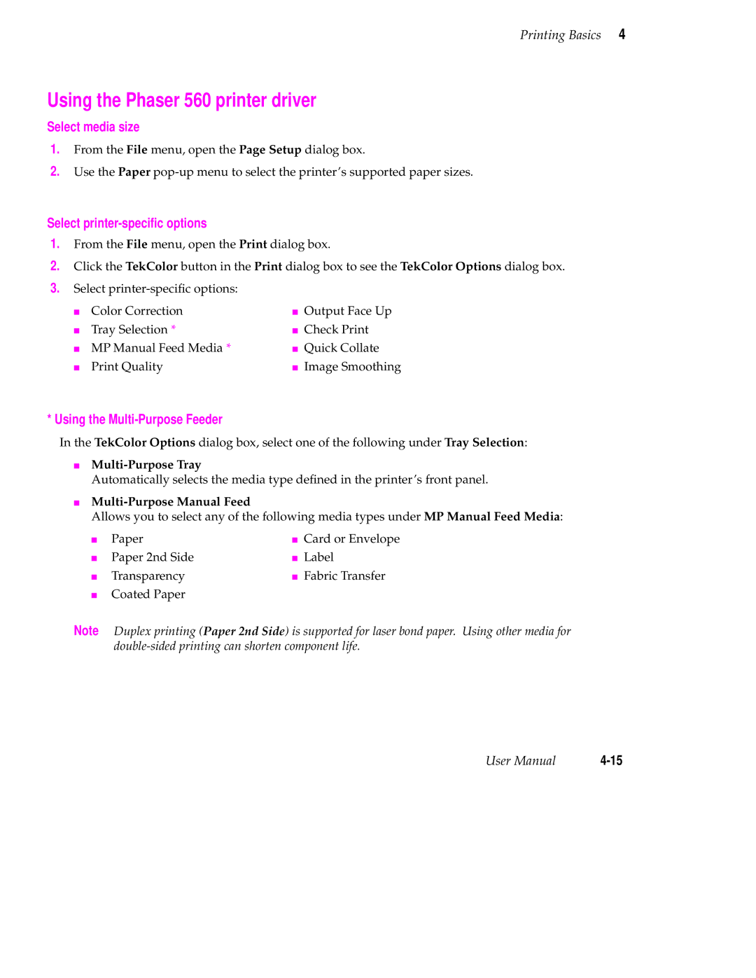 Tektronix user manual Using the Phaser 560 printer driver, Select media size, Select printer-speciﬁc options 