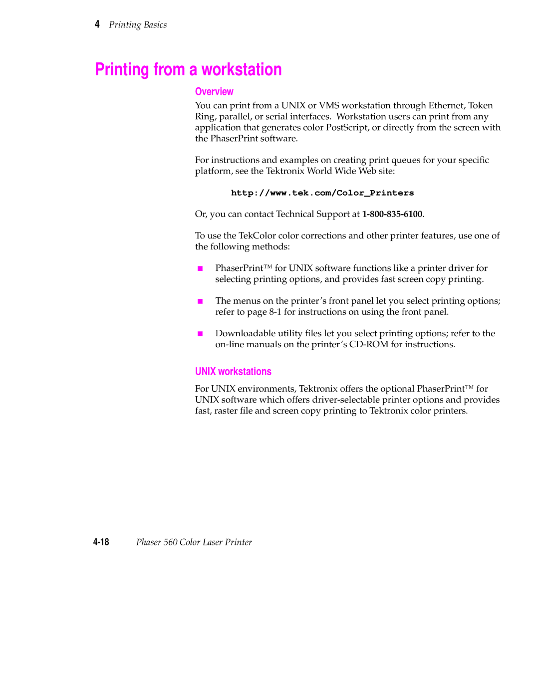 Tektronix 560 user manual Printing from a workstation, Overview, Unix workstations 