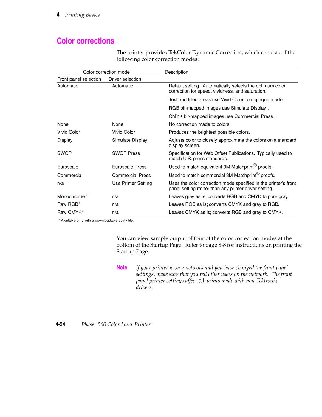 Tektronix 560 user manual Color corrections, Swop 