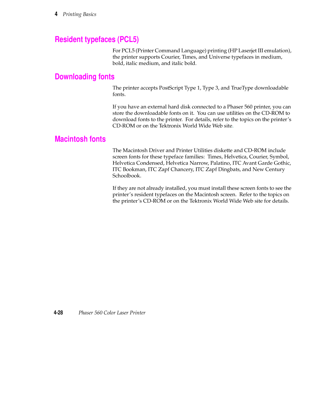 Tektronix 560 user manual Resident typefaces PCL5, Downloading fonts, Macintosh fonts 