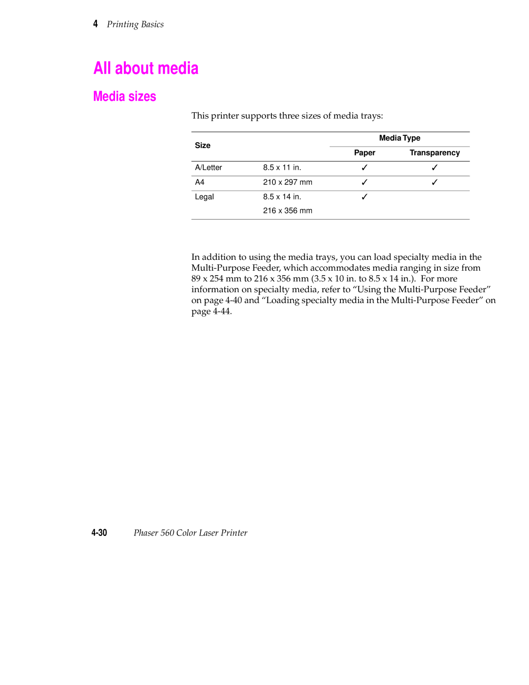 Tektronix 560 user manual All about media, Media sizes, Size Media Type 