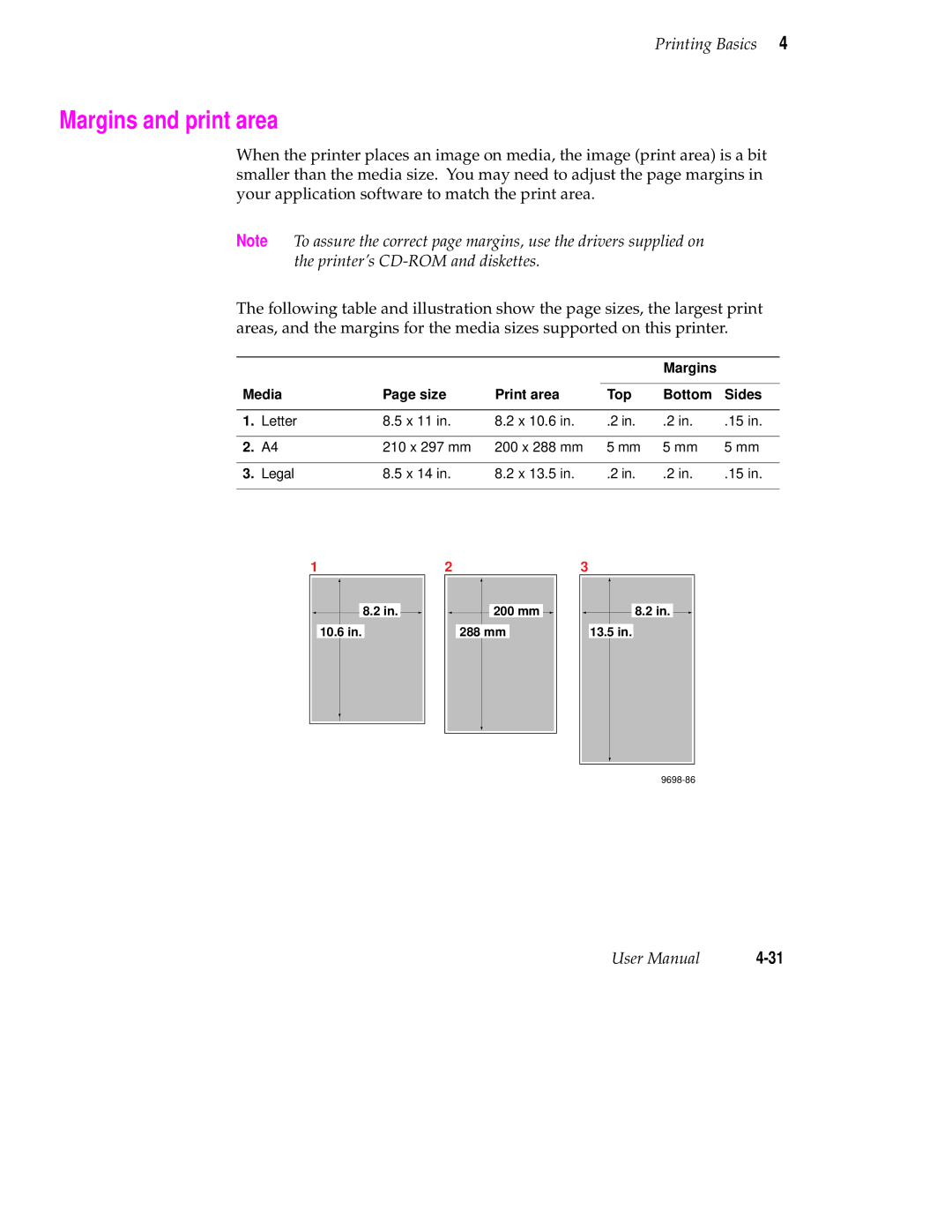 Tektronix 560 user manual Margins and print area, Margins Media Size Print area Top Bottom Sides 