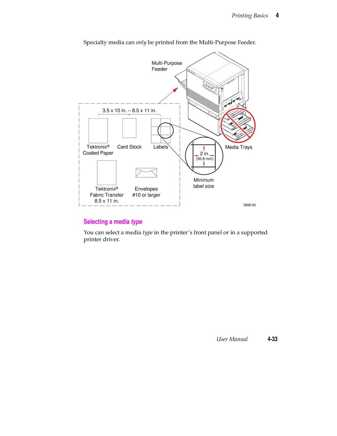 Tektronix 560 user manual Selecting a media type 