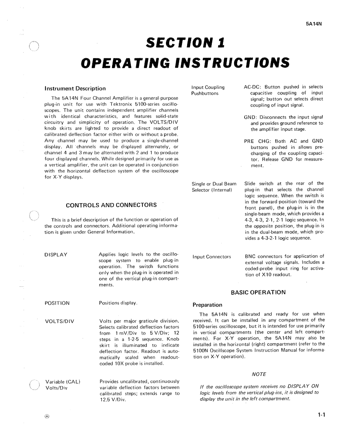 Tektronix 5A14N Four Channel Amplifier manual 