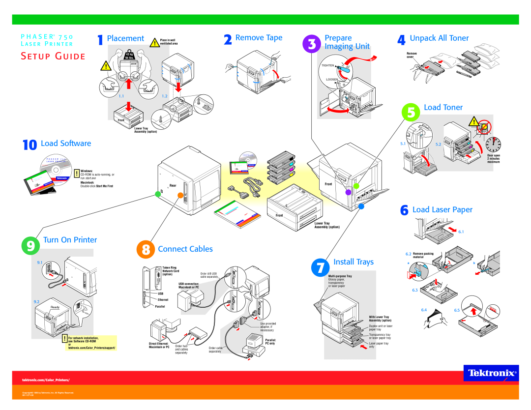 Tektronix 7 5 0 setup guide Placement, Prepare 3 Imaging Unit, Unpack All Toner, Load Toner, Load Laser Paper, Remove Tape 