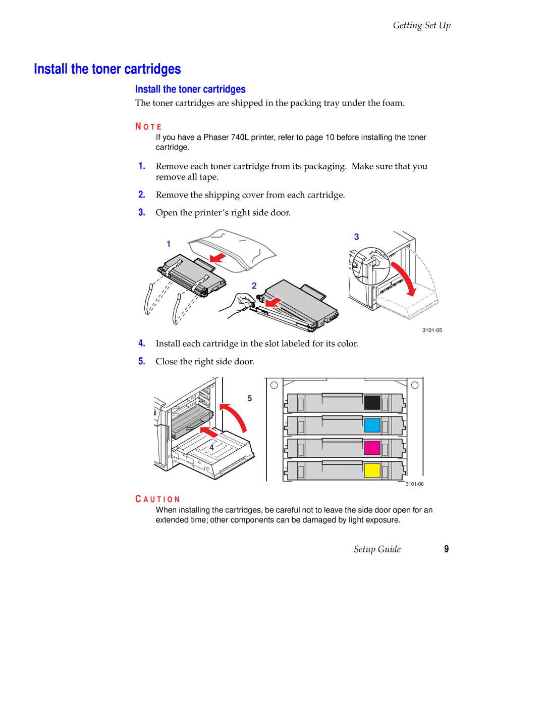 Tektronix 740L setup guide Install the toner cartridges 